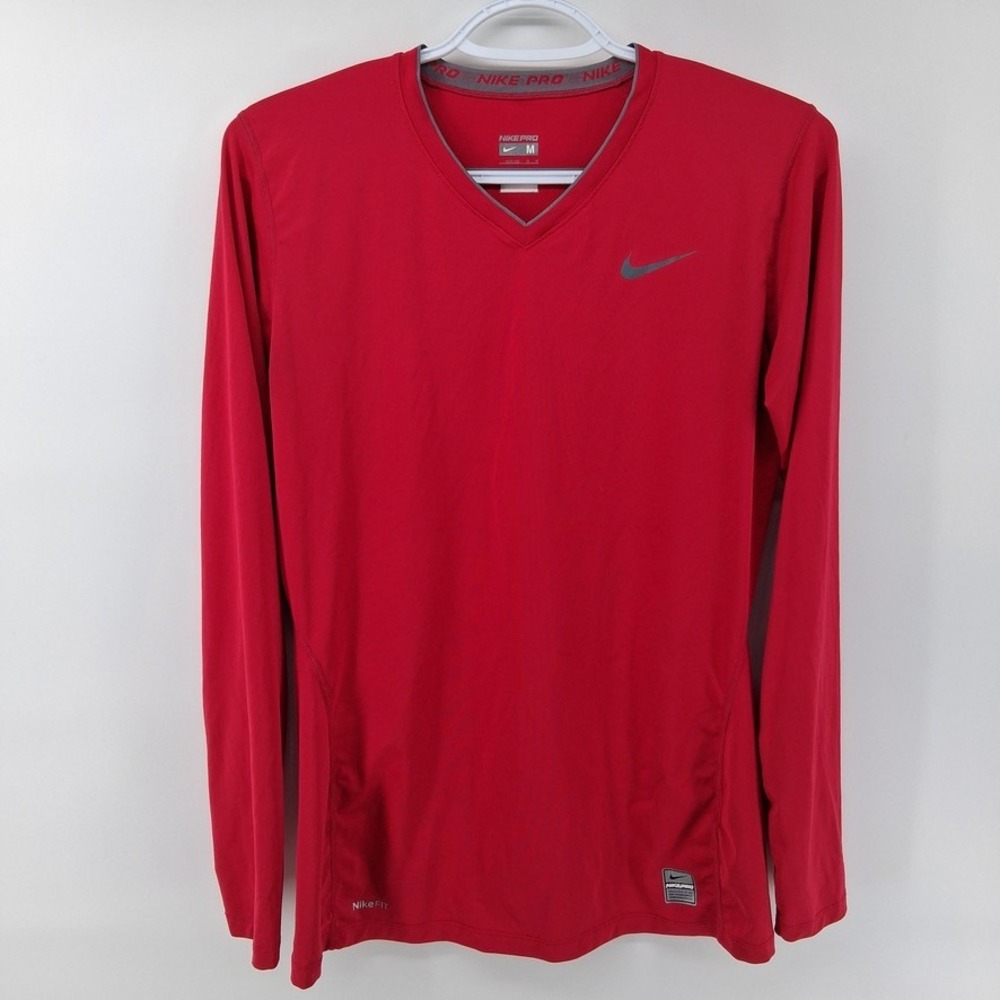 Nike Pro Shirt Womens M Red Long Sleeve Solid V-Neck Compression Athletic Top